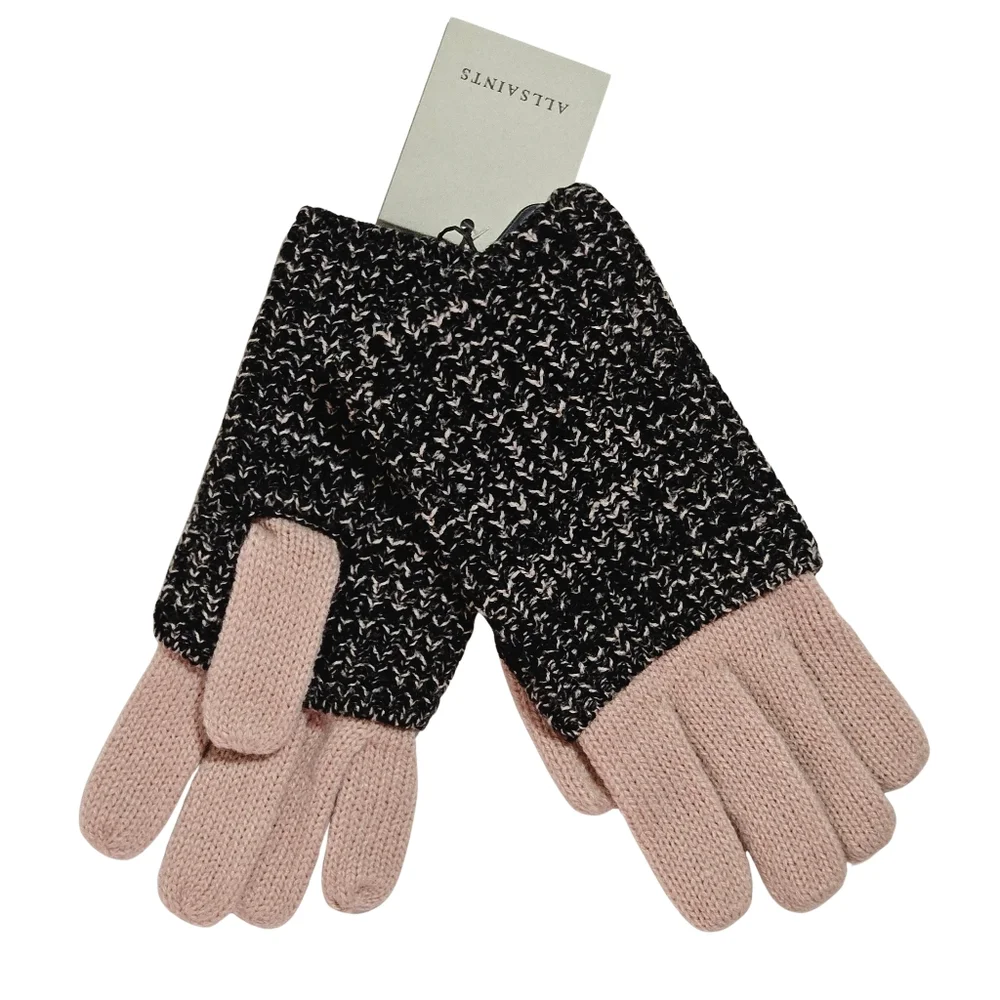 All Saints Gloves Black Blush Angled Stitch Marled Wool Blend Knit Streetwear
